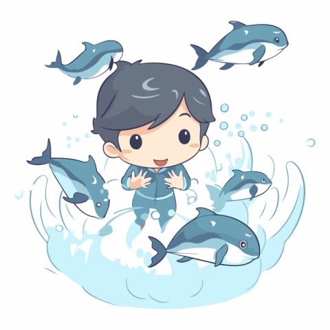 Cute boy swimming with dolphins in the ocean.