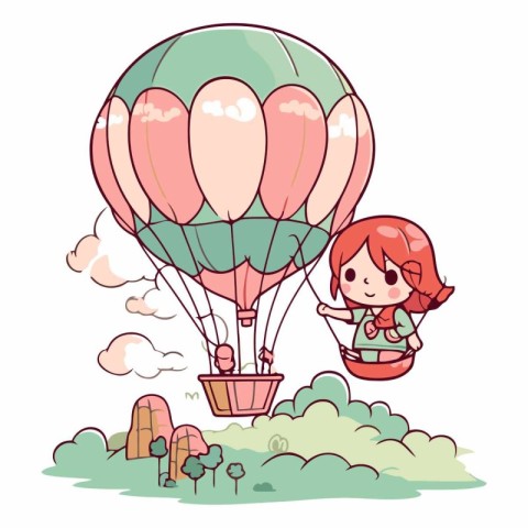 Illustration of a Little Girl Riding a Hot Air Balloon in the Pa