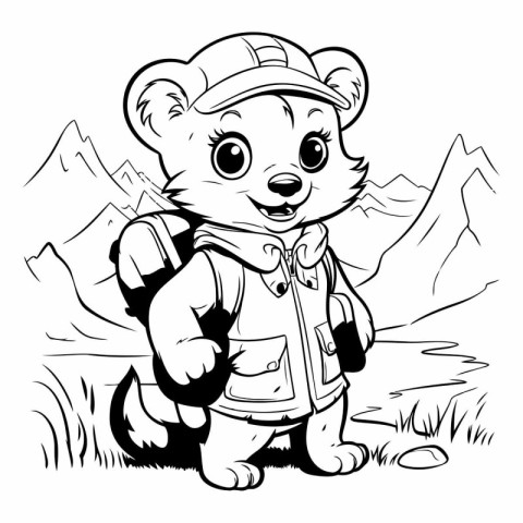 Outline illustration of a bear scout standing in front of a moun