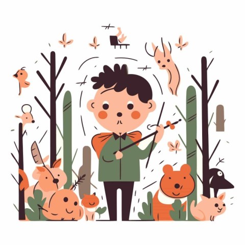 Vector illustration of a cute boy in a forest with animals. Flat