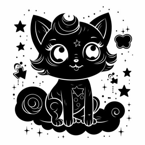 Cute cartoon cat with stars in black and white.