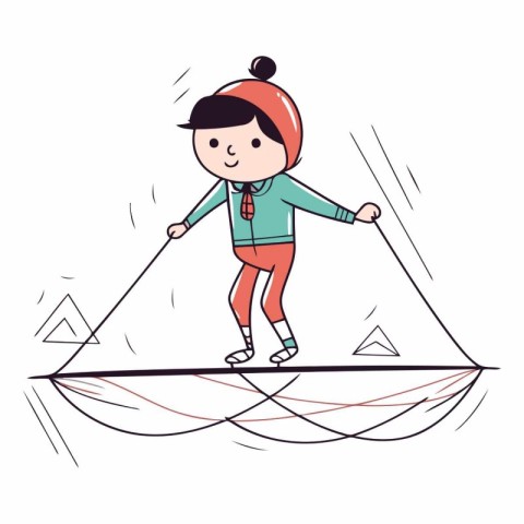 Boy riding on a boat in doodle style