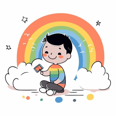 Cute little boy playing with mobile phone and cloud with rainbow