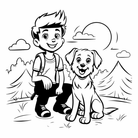 Boy with dog on nature. Black and white vector illustration for