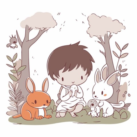 cute little boy playing with rabbit in the park vector illustrat