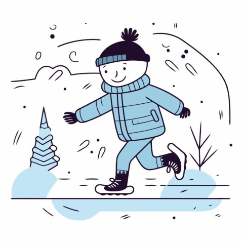 Vector illustration of boy skating on ice rink. Winter outdoor a