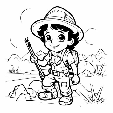 Black and White Cartoon Illustration of Kid Camping or Hiking Bo