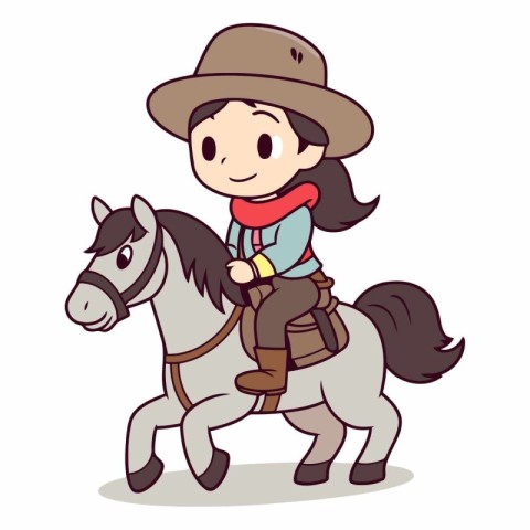 Cute girl riding a horse on white background.