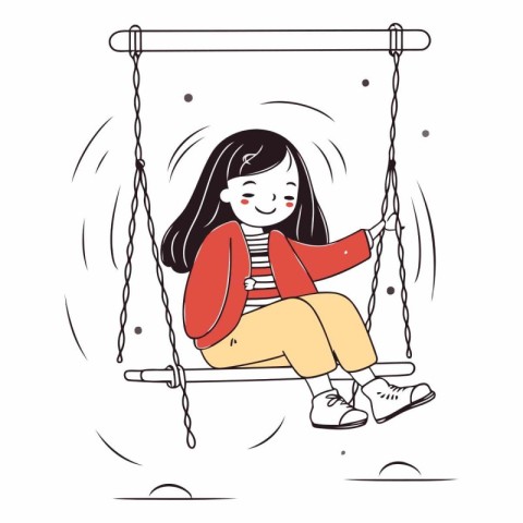 Cute little girl swinging on a swing in cartoon style.