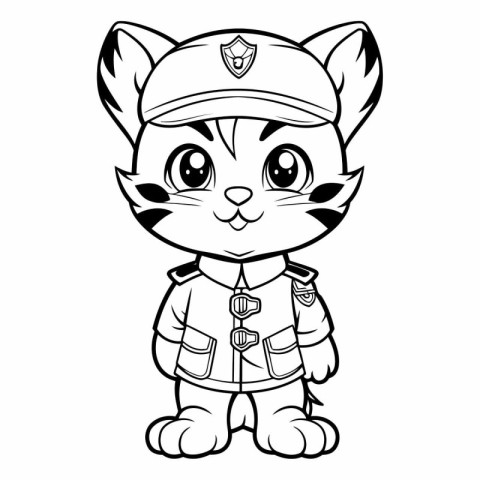 Black and White Cartoon Illustration of Cute Cat Police Officer