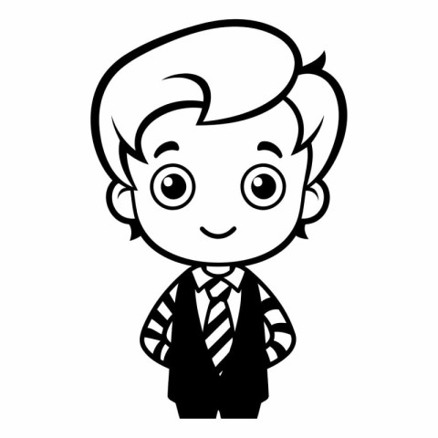 Black and White Cartoon Illustration of Cute Kid Boy Character f