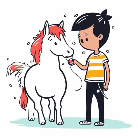 Little boy and white horse in a flat style.