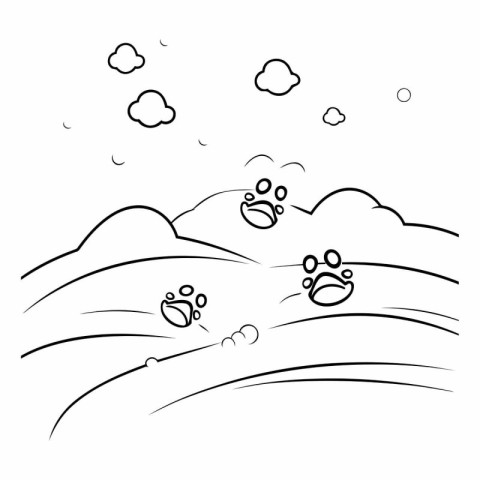 Illustration of animal tracks on the ground with clouds in the b