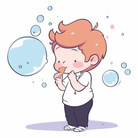 Boy blowing soap bubbles in cartoon style on white background.