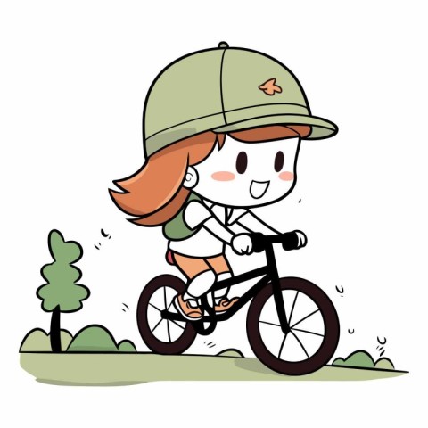 Girl riding a bicycle in the park on white background.