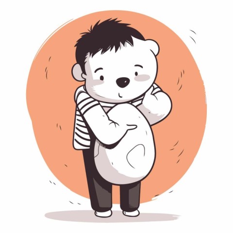 Cute little boy hugging a polar bear in cartoon style.