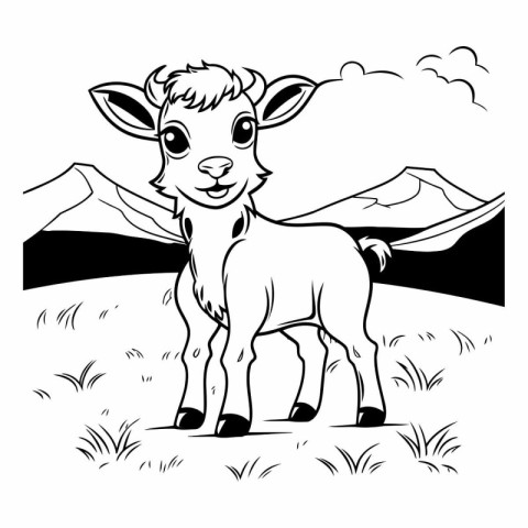 Black and white illustration of a baby goat standing in the gras