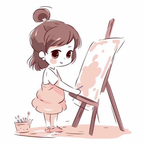 Illustration of a Cute Little Girl Painting on an Easel