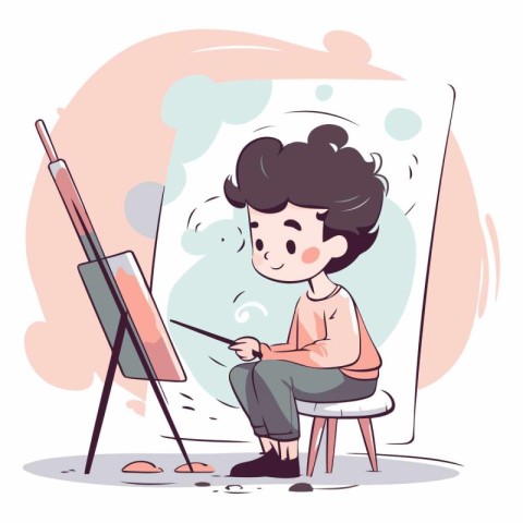 Vector illustration of a boy drawing a picture in the easel.