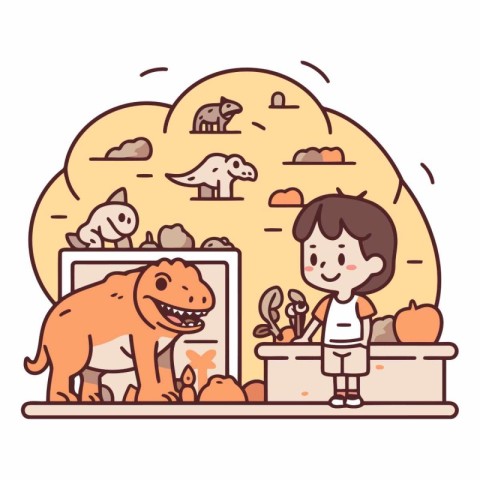 Vector illustration of a boy and his dog in a pet shop.