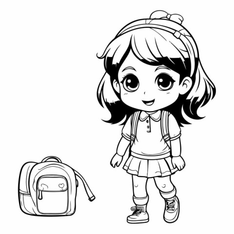 Cute little girl with backpack for coloring book.