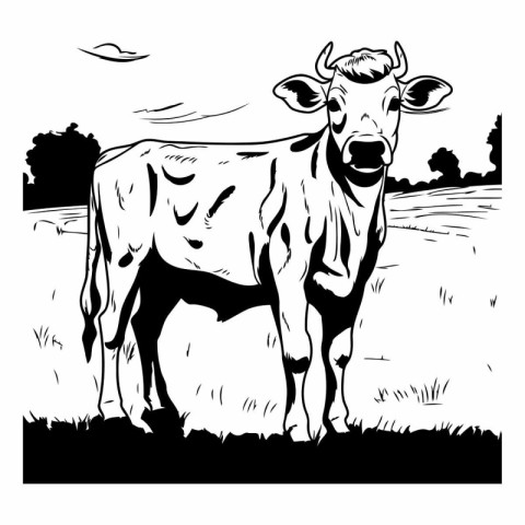 Cow in the field in black and white colors.