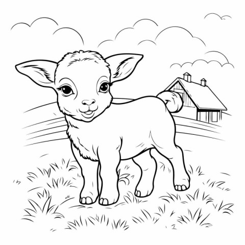 Cute cartoon sheep standing on the grass for coloring book.