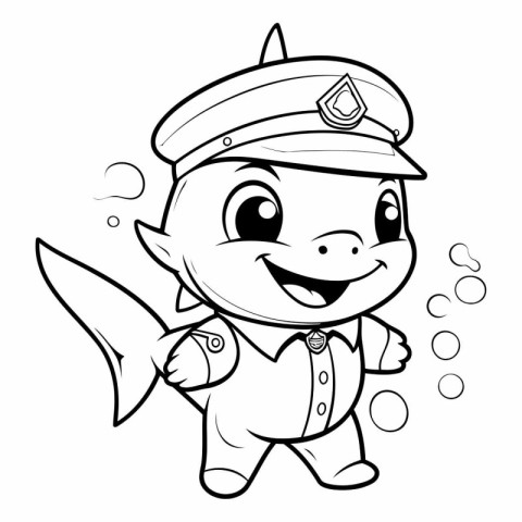 Black and White Cartoon Illustration of Cute Little Shark Captai