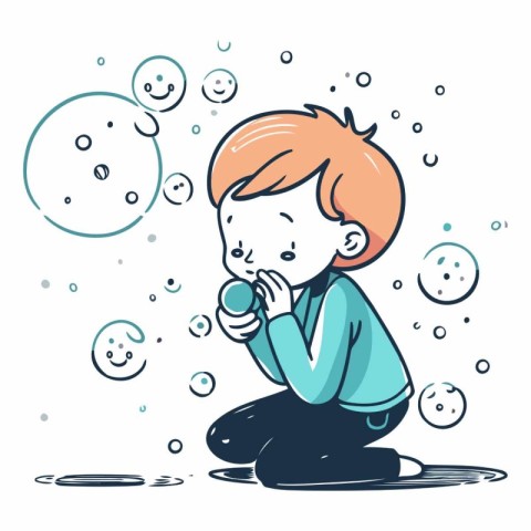 Cute little boy playing with soap bubbles. vector cartoon illust