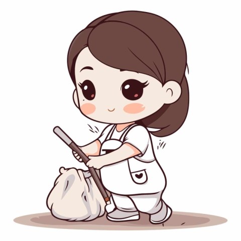 Illustration of a Cute Little Girl Cleaning The Garbage