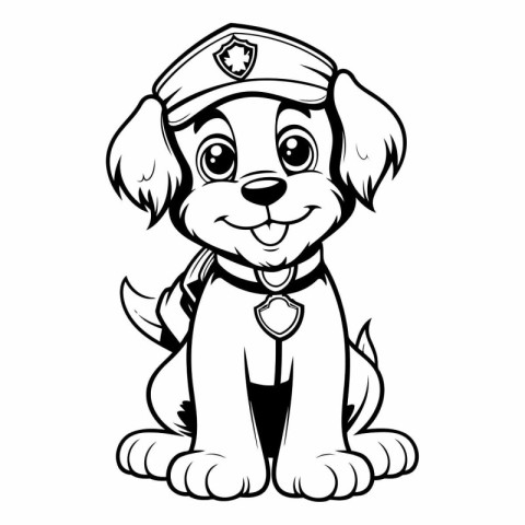 Black and White Cartoon Illustration of Cute Puppy Police Dog fo