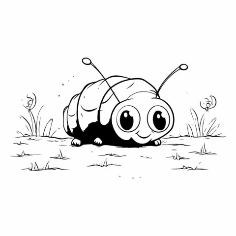 Black and white vector illustration of a caterpillar crawling on