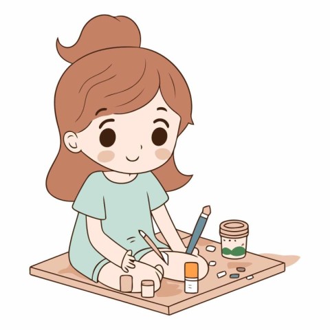 Girl painting with watercolors. Cute cartoon illustration. Vecto