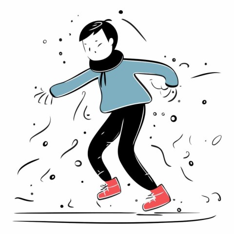 Vector illustration of a boy in winter clothes skating on ice ri