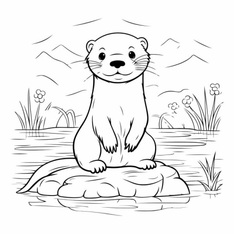 Cartoon otter sitting on a rock for coloring book.