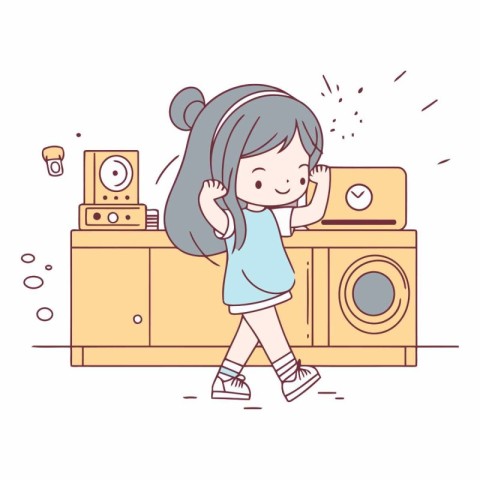 cute little girl playing music in the room vector illustration g