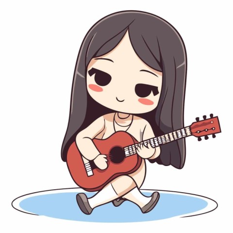 A cute girl playing the guitar on white background.