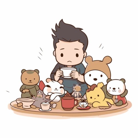 cute little boy drinking tea with teddy bears and other toys