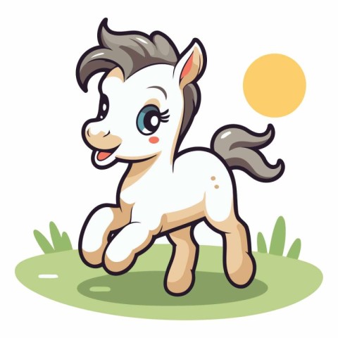 Cute cartoon pony running on the meadow.