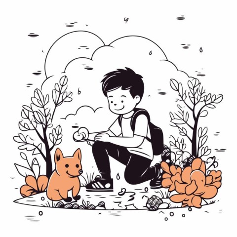 Boy playing with dog in the park in hand drawn style.