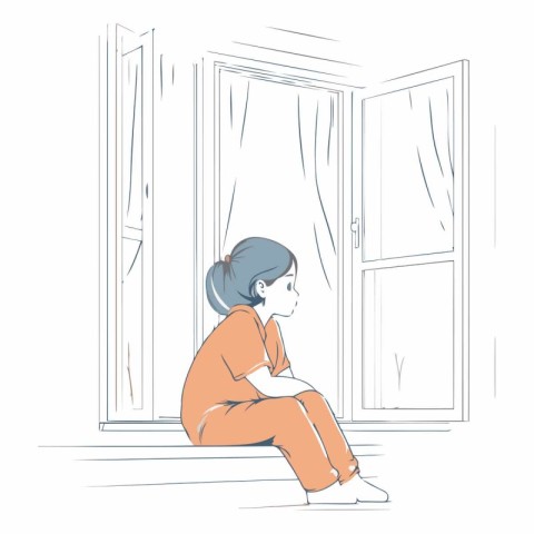 Illustration of a sad girl sitting in front of the window.