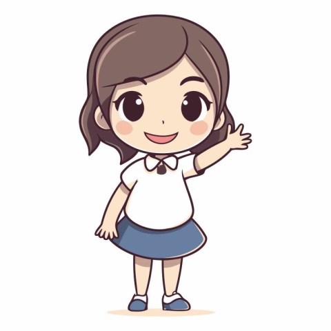 Cute little girl waving hand in cartoon style.