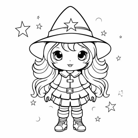 Coloring book for children: Cute girl in a witch costume