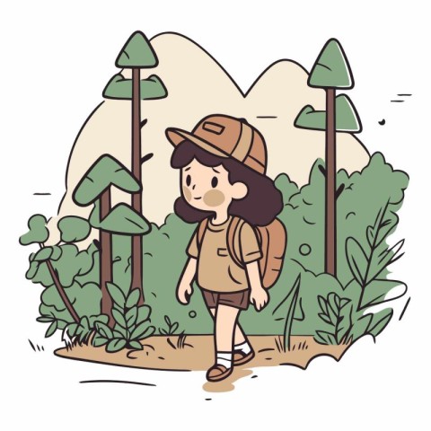 Cute little girl in a hat walking in the forest