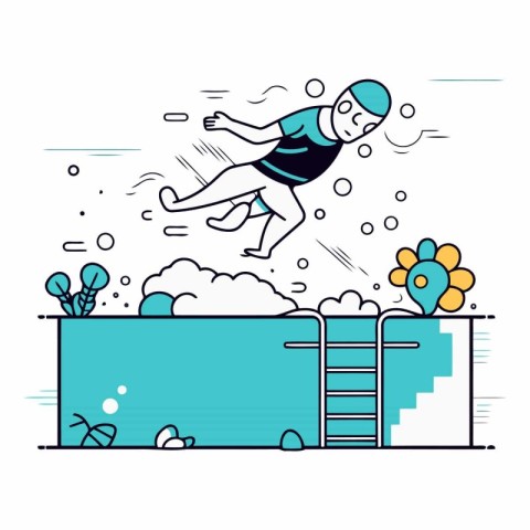 Vector illustration of a man jumping into the pool. Linear style