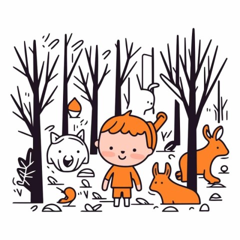 Cute little girl and animals in the forest.