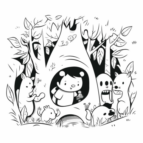 Black and white illustration of a little girl in the forest with