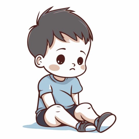 Cute little boy sitting on the floor and looking at something.