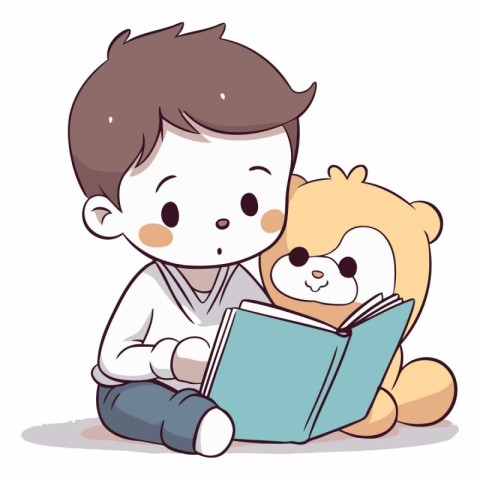 Boy reading a book with his teddy bear.