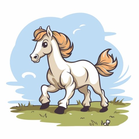 Illustration of a cute white horse running in the field on a sun